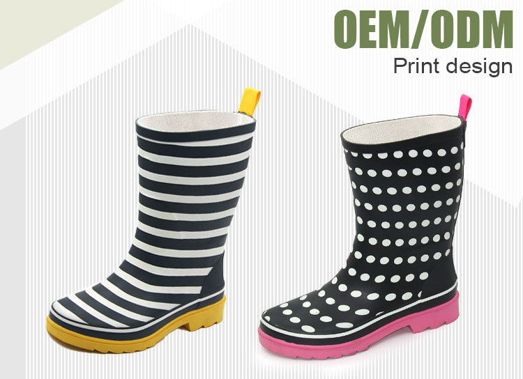 Ladies mid calf print rubber boots manufacturer