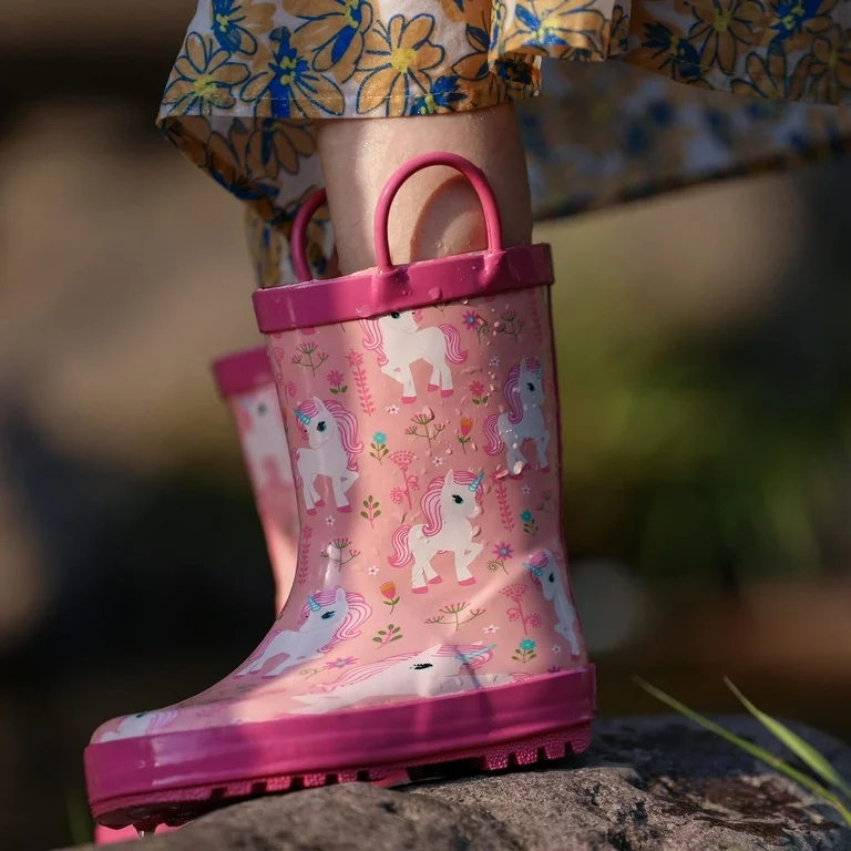 Kids Rain Boots Waterproof Lightweight with Pull-On Handles