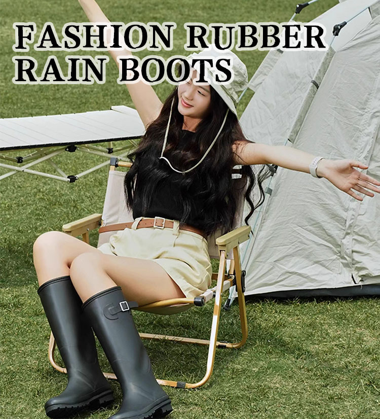 Waterproof Women Rubber Rain Boots with a strap and buckle
