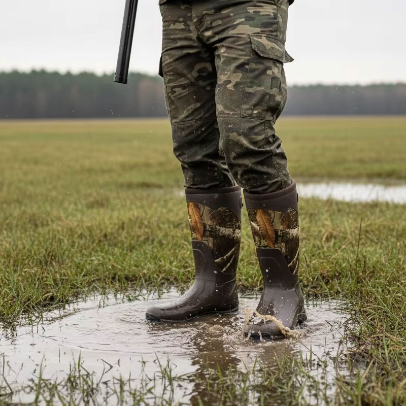 Neoprene Camouflage Applique Knee-High Durable Rubber Wellington Boots
