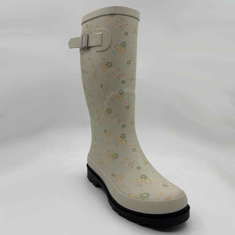 Women's flower printed rain boot with strap in beige