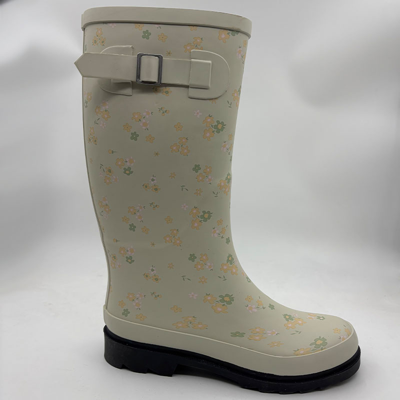 Women’s flower printed rain boot with strap in beige