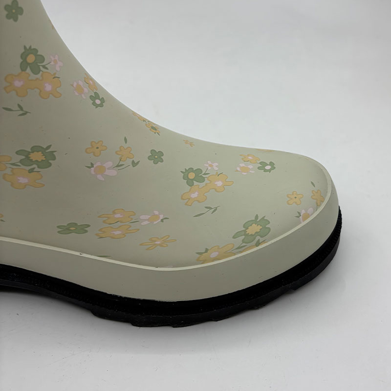 Women’s flower printed rain boot with strap in beige