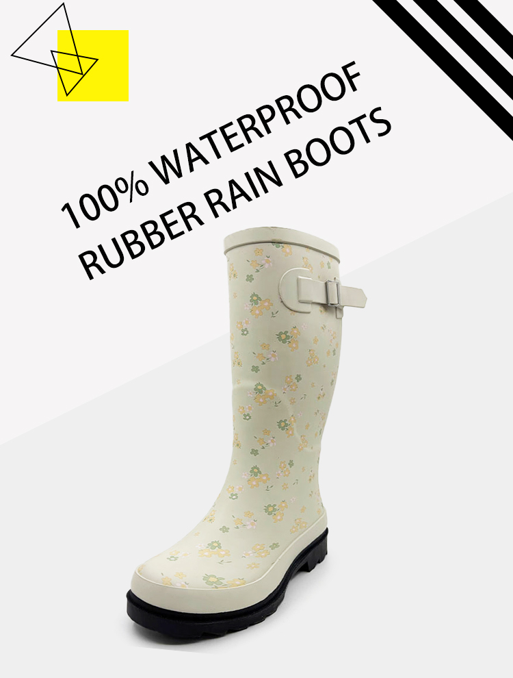 Women's flower printed rain boot with strap in beige
