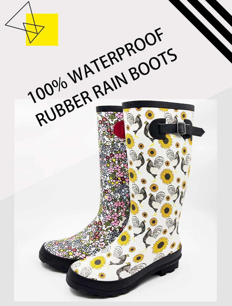 Women's sunflower print waterproof rubber boots