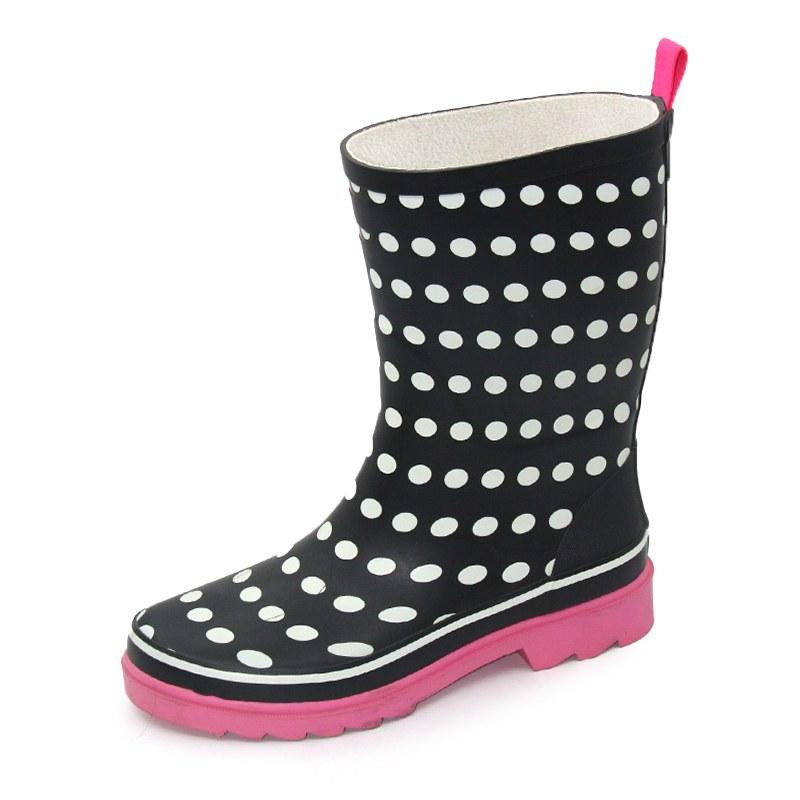 Ladies mid calf print rubber boots manufacturer